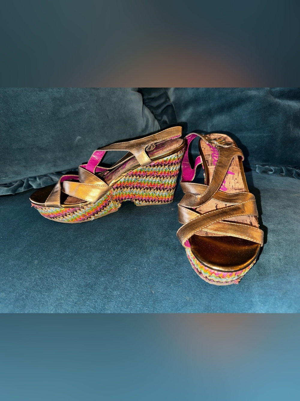 Skechers Metallic Bronze Wedge Sandals with Multicolor Braided Platform - Size 8